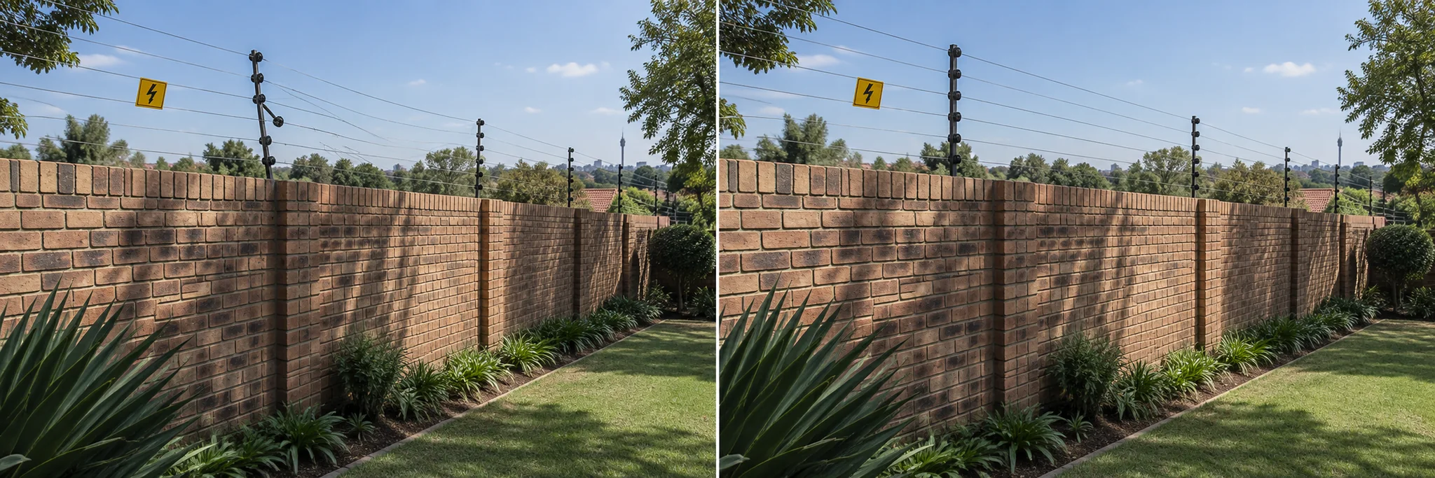 Sagging fence wires and bent support above a boundary wall