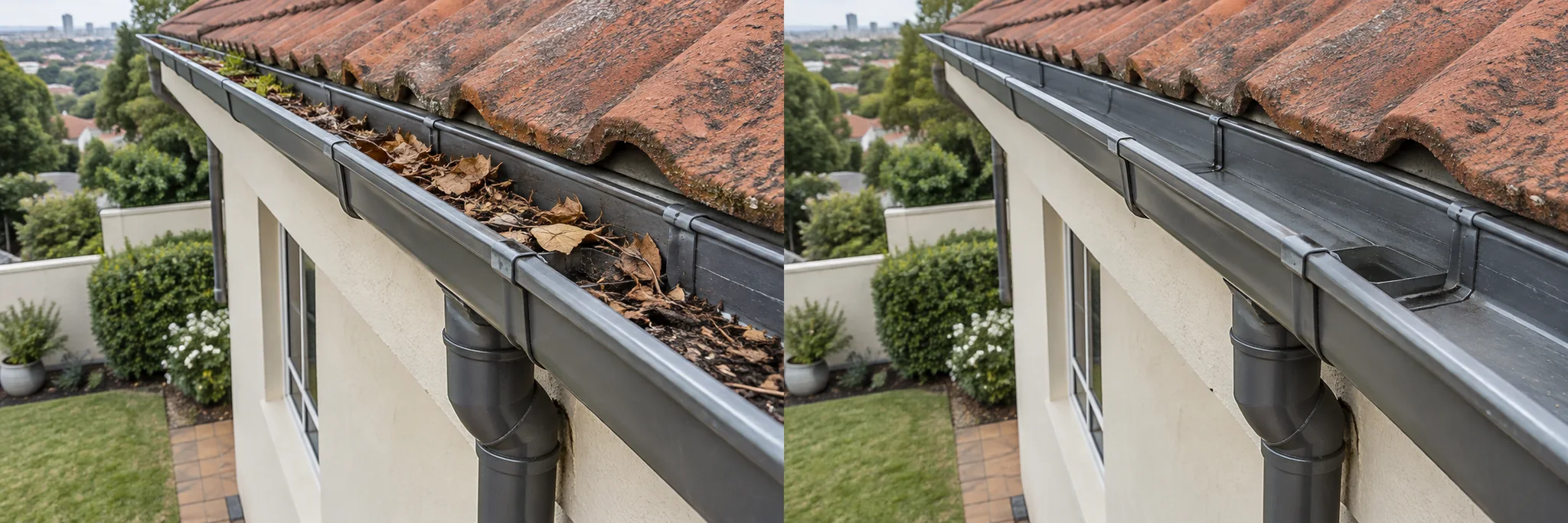Leaves and debris in a roof gutter