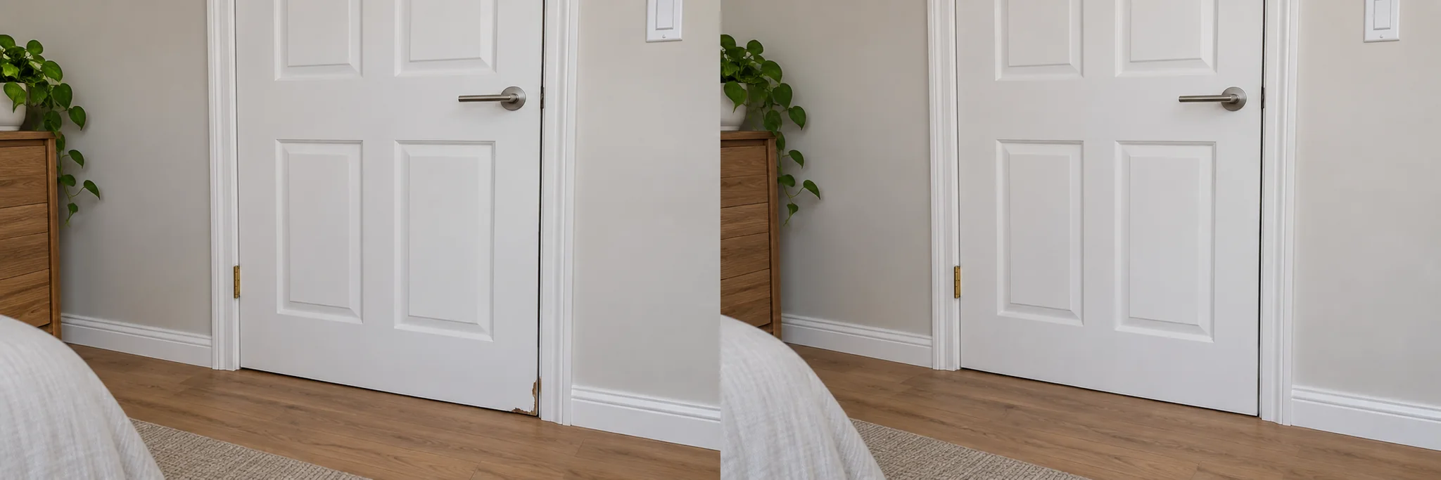Interior door with chipped paint around its lower corner
