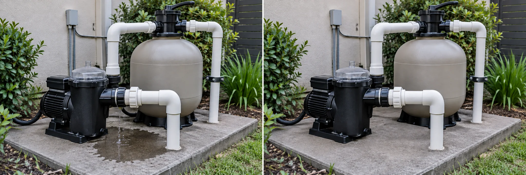 Dripping union beside a pool pump with a damp equipment pad
