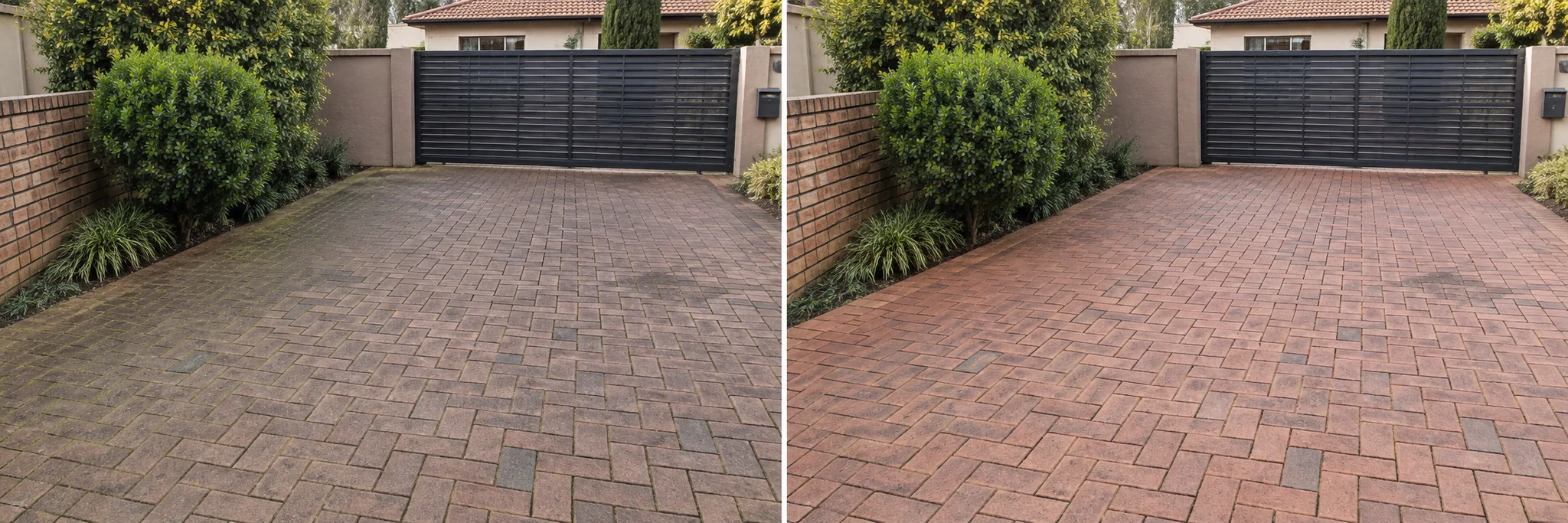 Dry driveway paving with surface dirt and dark staining