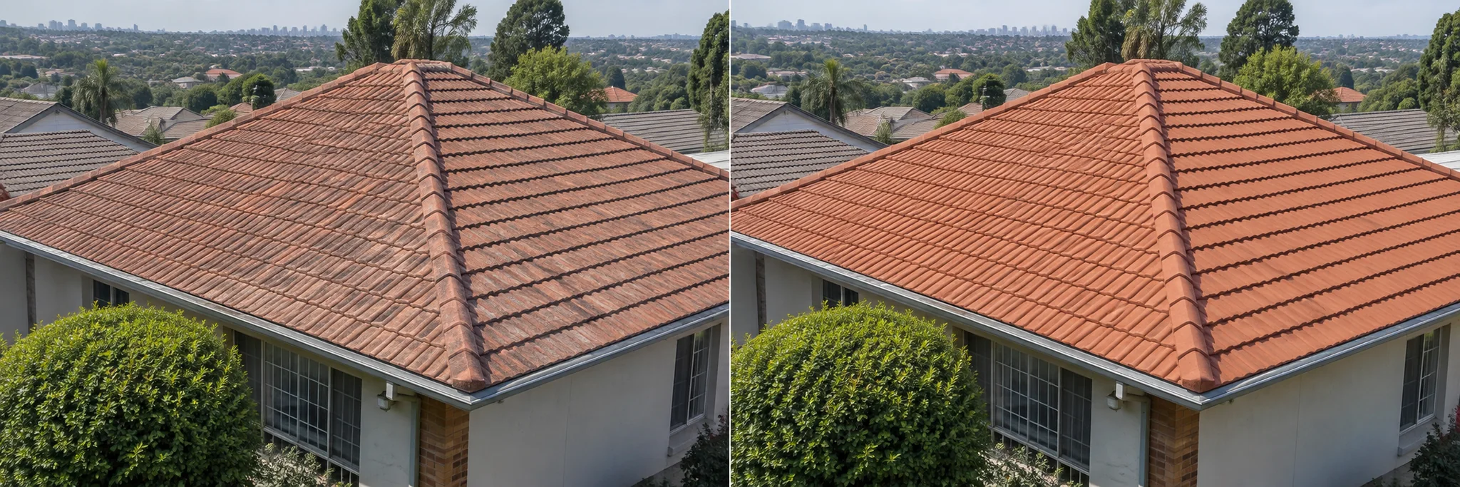 Weathered terracotta coating on an intact tiled roof