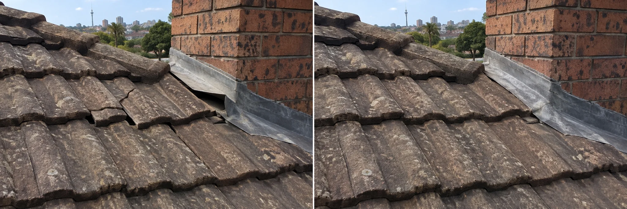 Cracked and slipped roof tiles beside lifted chimney flashing