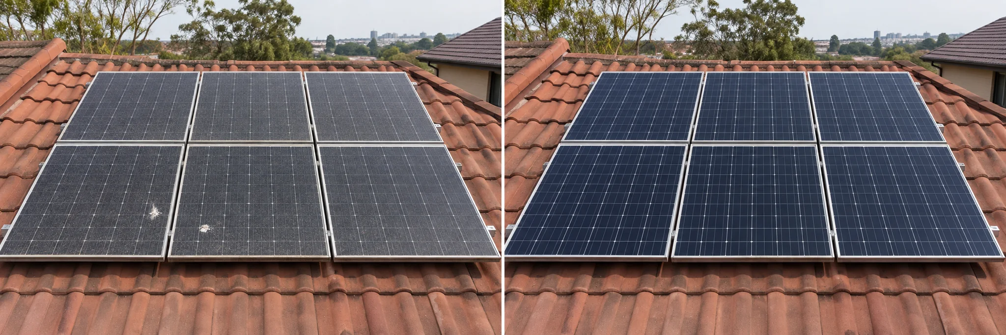Six rooftop solar panels with dust and bird droppings