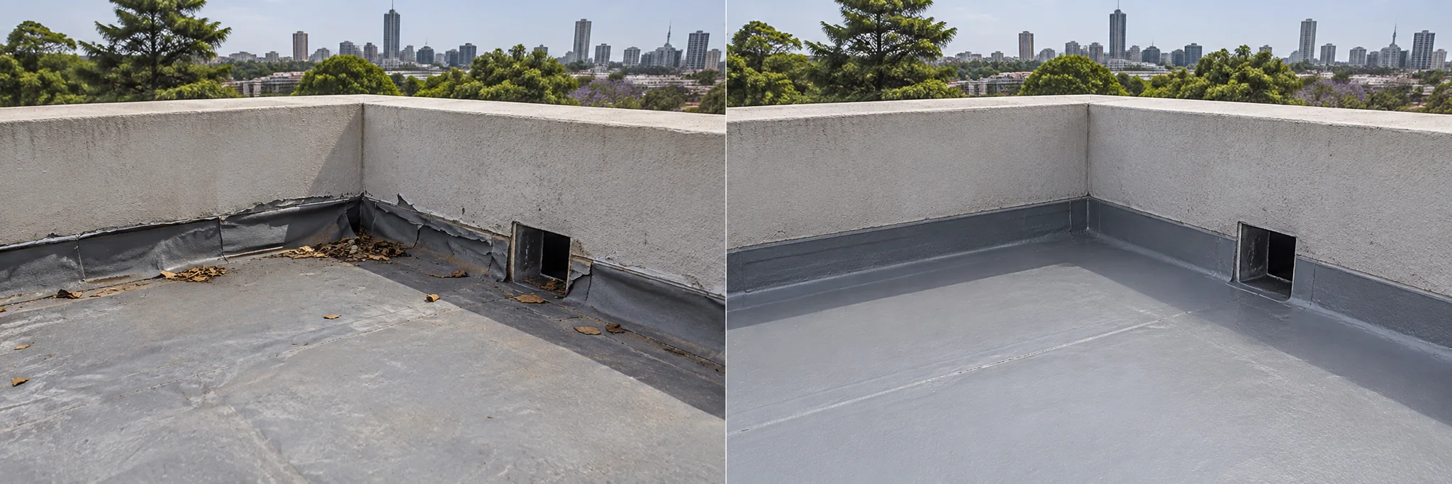 Peeling waterproof membrane at a roof parapet junction
