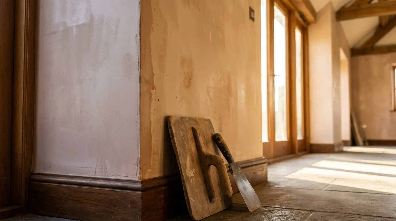 A freshly skimmed interior wall patch standing pale against older plaster beside a skirting board in a northern Johannesburg home, a plasterer's trowel and hawk resting against the wall