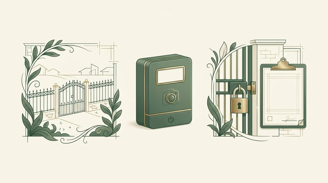 Illustration: Electric-fence repair planning diagram showing a perimeter fence, energiser and access checklist