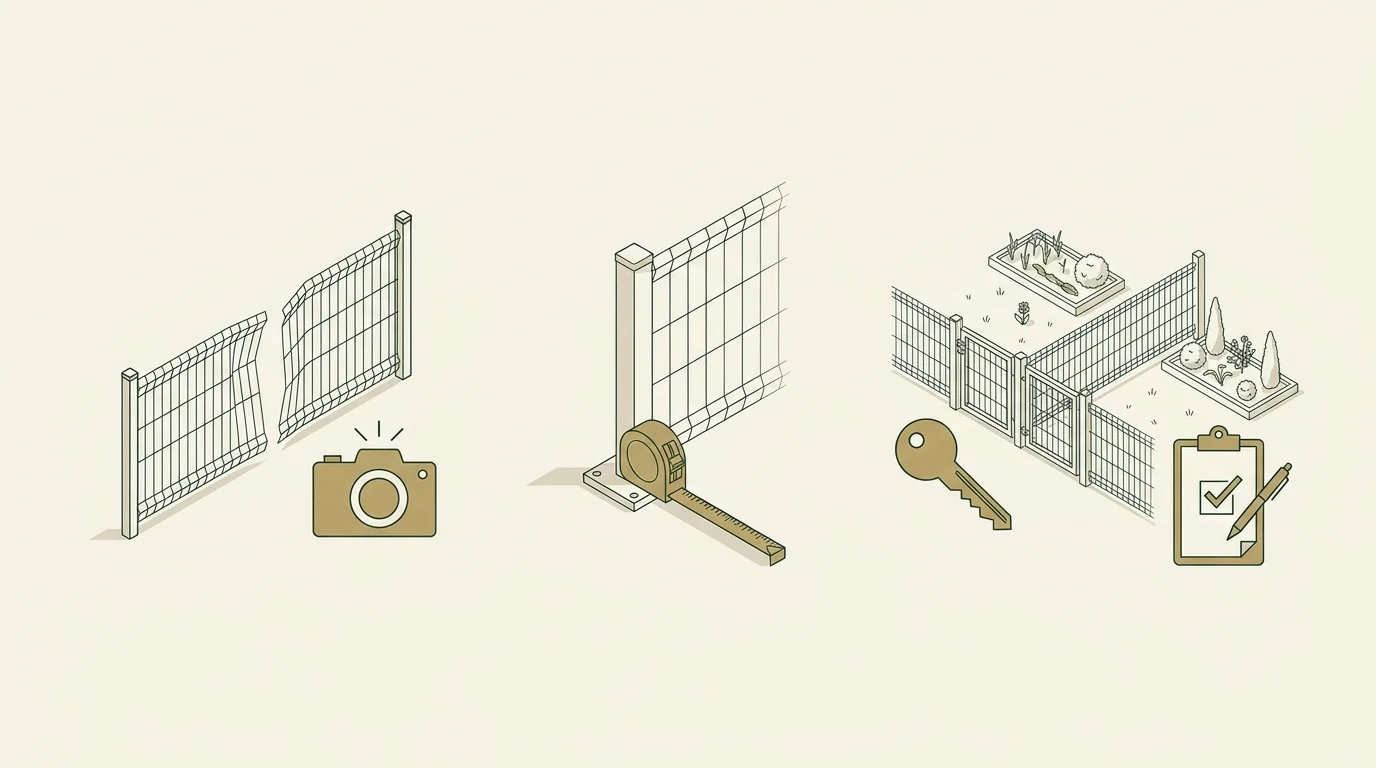 Illustration: Fence-repair planning diagram showing panels, post measurements and access approval