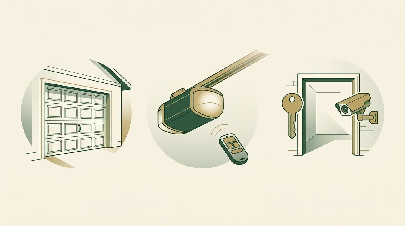 Illustration: Garage-door repair planning diagram showing a sectional door, overhead opener and separate entrance