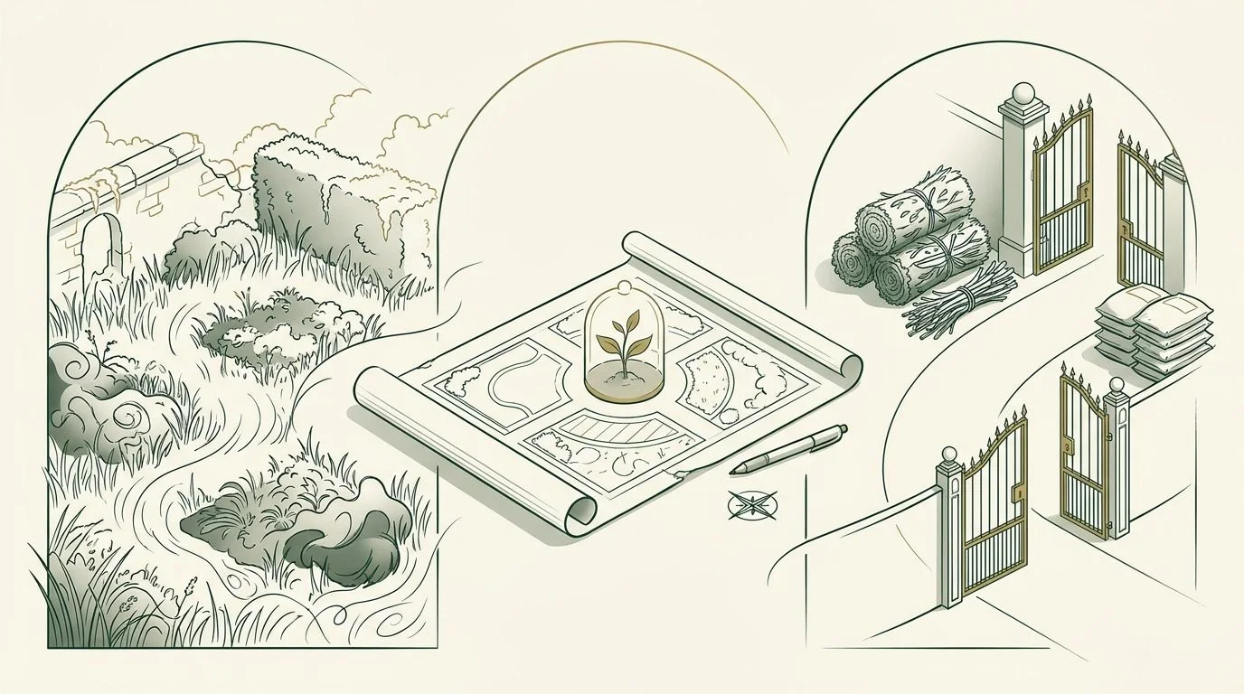 Illustration: Garden-cleanup planning diagram showing overgrown beds, a garden plan and stacked green waste