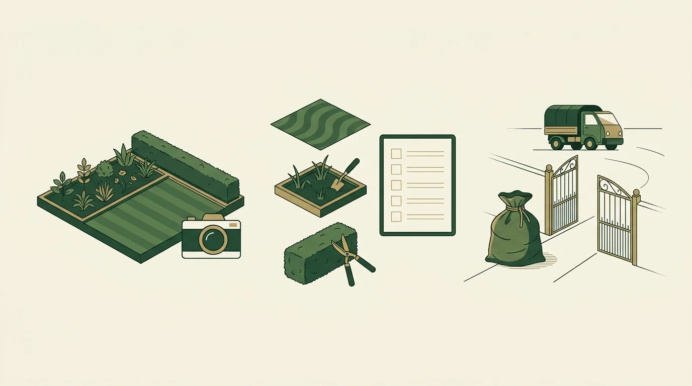 Illustration: Garden-service planning diagram showing lawn and bed care, a checklist and cuttings collection