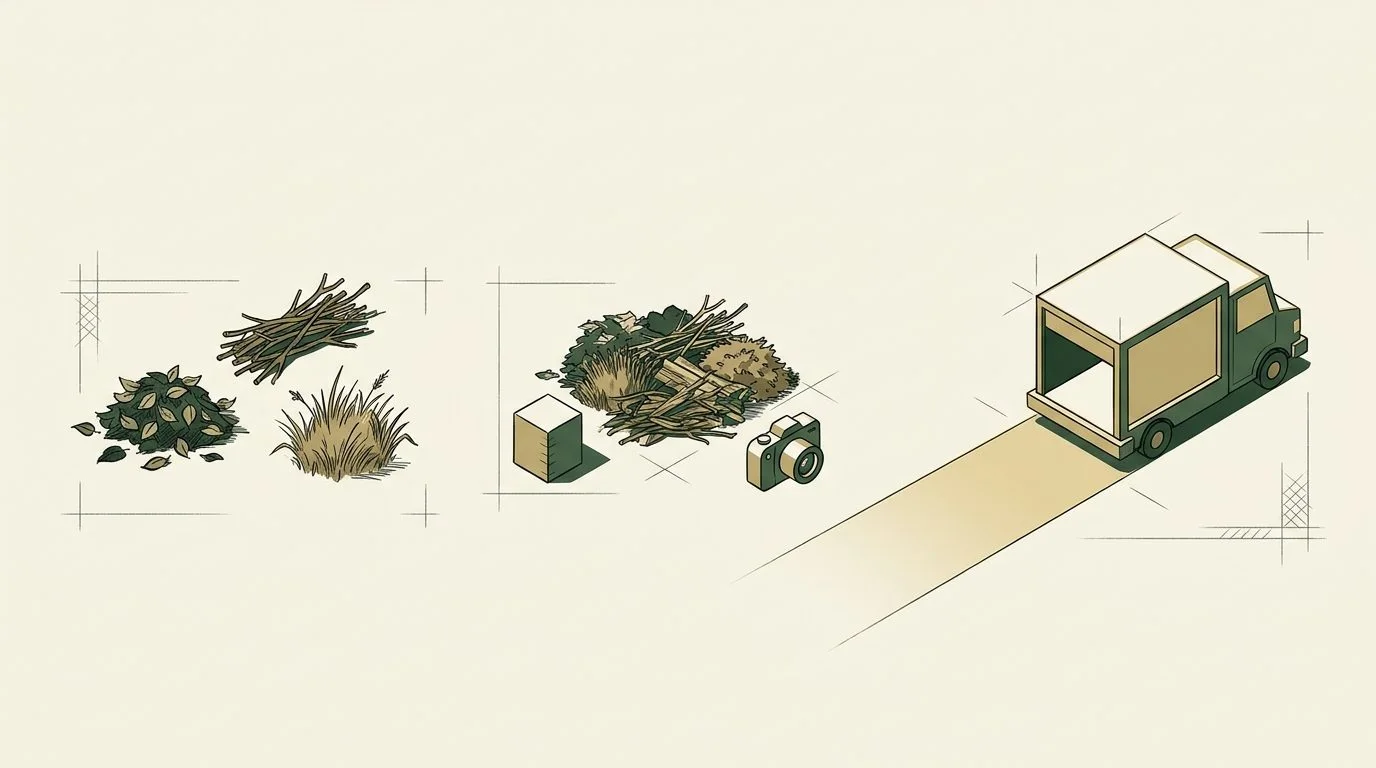 Illustration: Garden-waste collection diagram showing branches, a pile to photograph and a loading vehicle