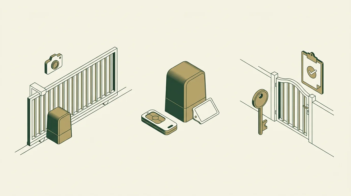 Illustration: Gate-repair planning diagram showing a sliding gate, motor, remote and access key