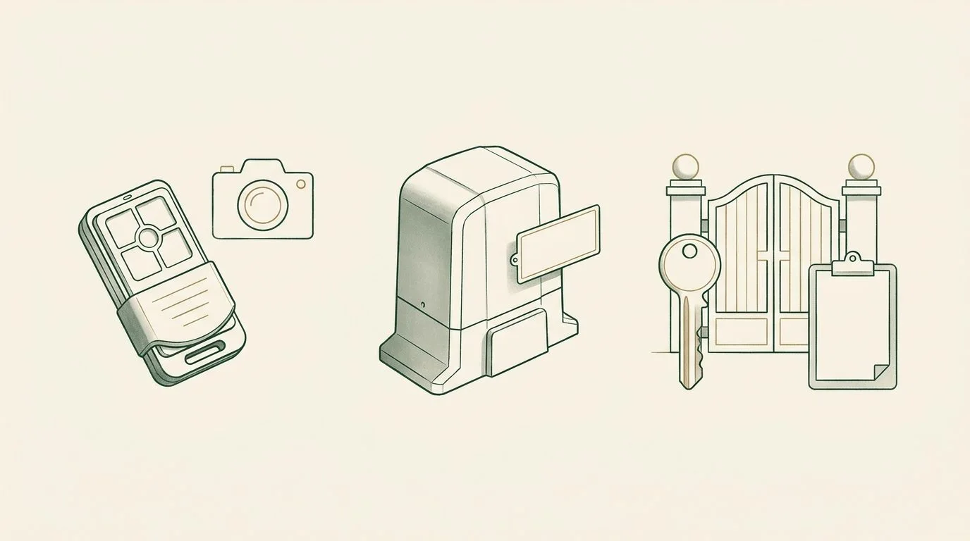 Illustration: Gate-remote repair planning diagram showing a remote, motor housing, access key and checklist