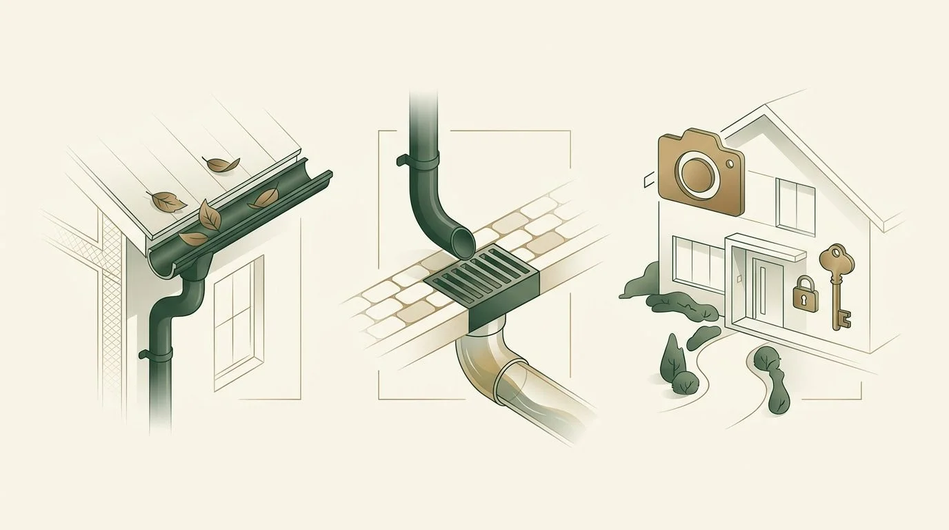 Illustration: Gutter-cleaning planning diagram showing a leaf-filled gutter, downpipe outlet and property access
