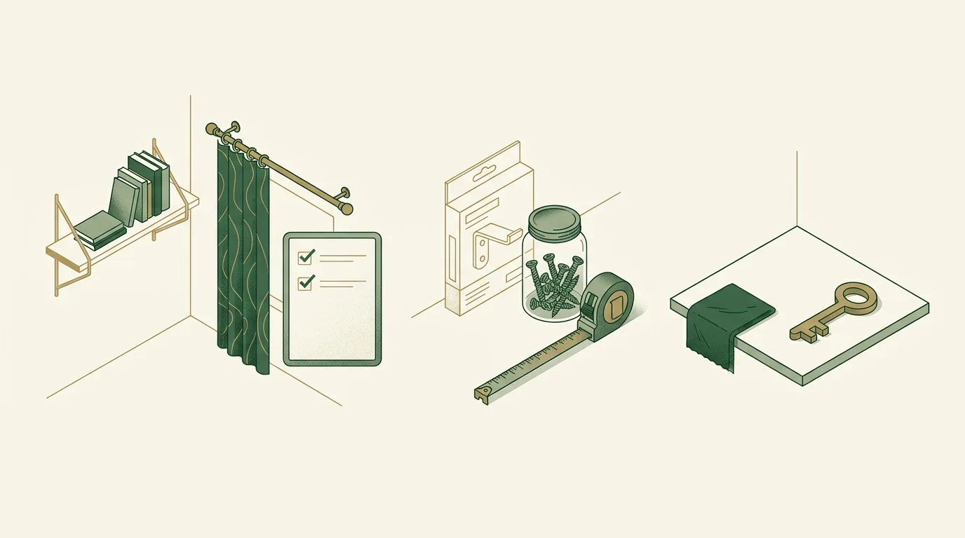 Illustration: Handyman planning diagram showing a task list, fittings, measuring tools and a clear work area