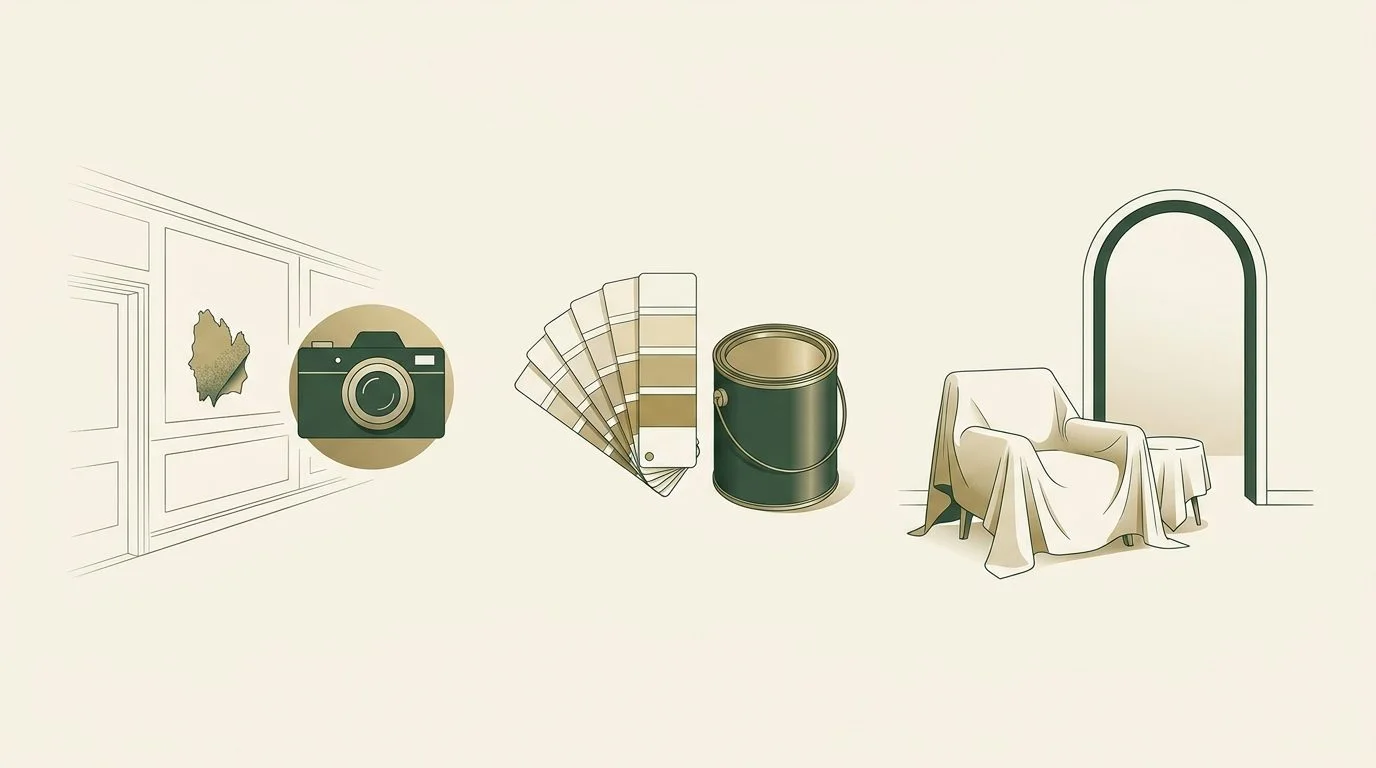 Illustration: Painting planning diagram showing damaged paint, colour samples and protected furniture