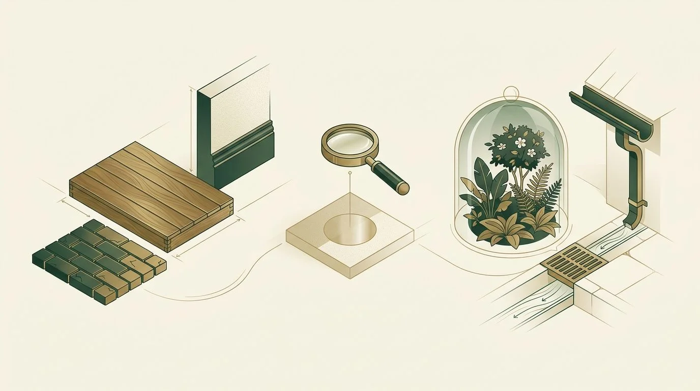 Illustration: Pressure-washing planning diagram showing surface materials, a test patch, protected plants and drainage