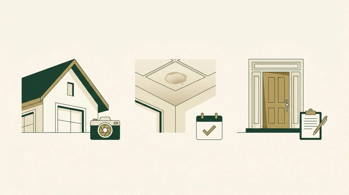 Illustration: Roof-repair planning diagram showing a house roof, ceiling stain and access checklist
