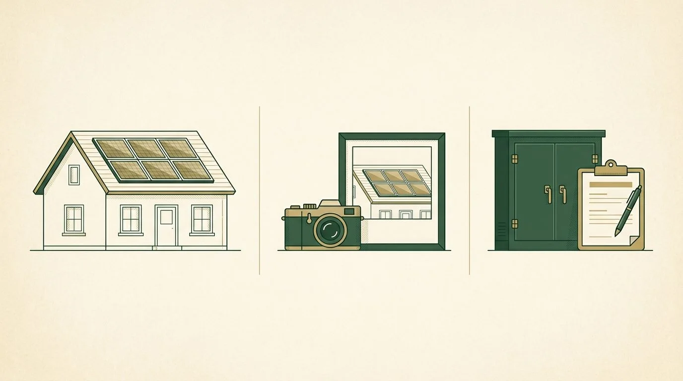 Illustration: Solar-panel cleaning planning diagram showing a roof array, condition photo and access checklist