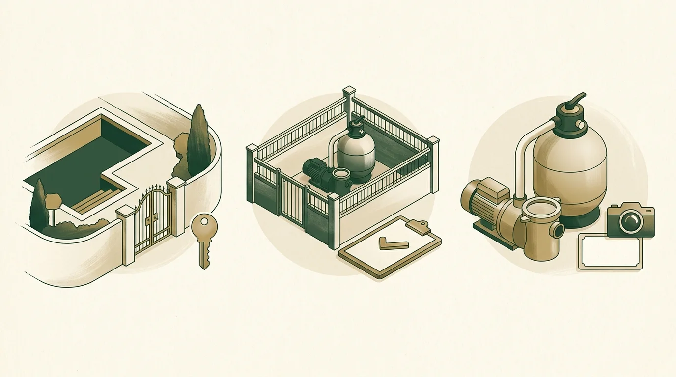 Illustration: Pool-repair planning diagram showing access gates, a pump and filter, and an equipment photo